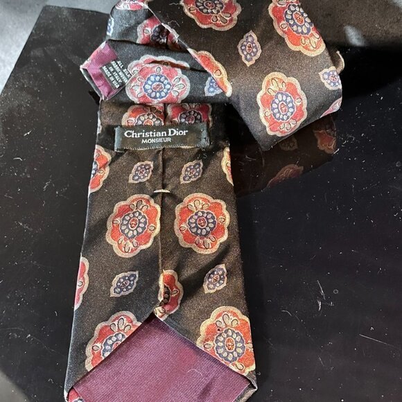 Christian Dior Red Silk Tie Black Neckwear Mid Century Modernist Medallion - Picture 4 of 5